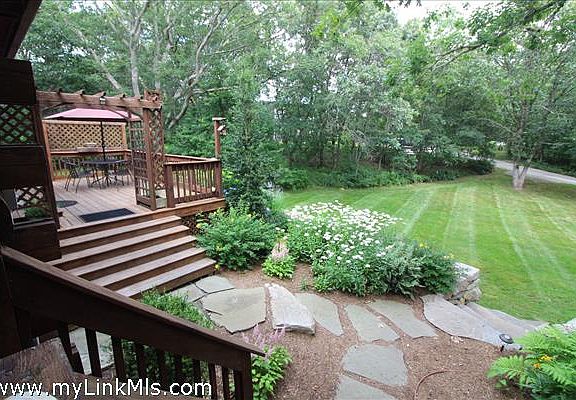 Blue stone walkway to deck