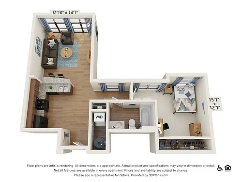 Floor plan 1 Bedroom - 1 Bath (1A)