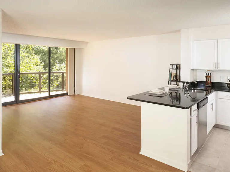 Living Room and Kitchen with Hard Surface Flooring and Private Balcony