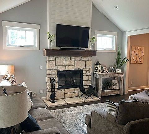 Wood burning stone fireplace