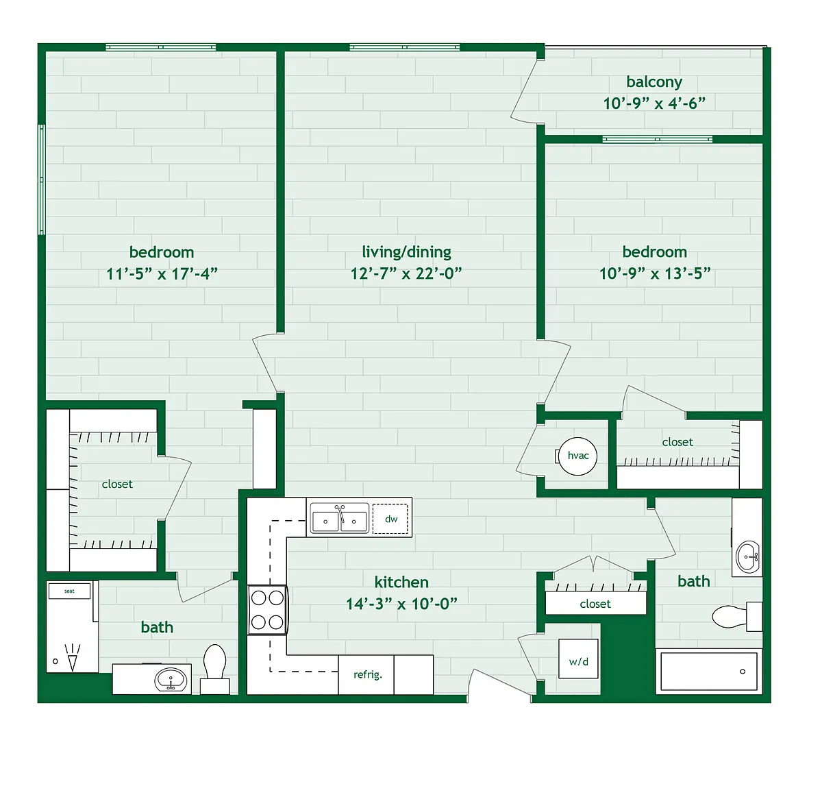 Floor plan 2 Bed 2 Bath B - 1,134 Sq. Ft