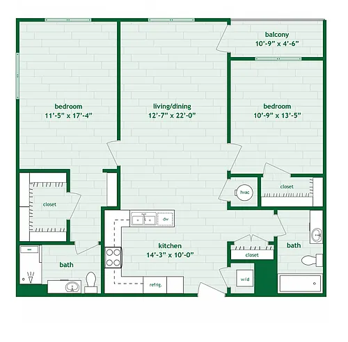Floor plan 2 Bed 2 Bath B - 1,134 Sq. Ft