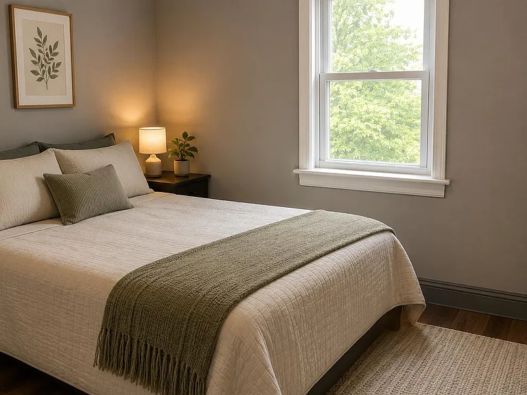 Well-appointed bedroom with a full bed, nightstand lighting, and a large window overlooking greenery.
