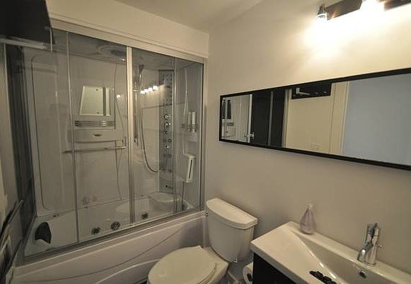 Steam shower with body jets and soaker tub