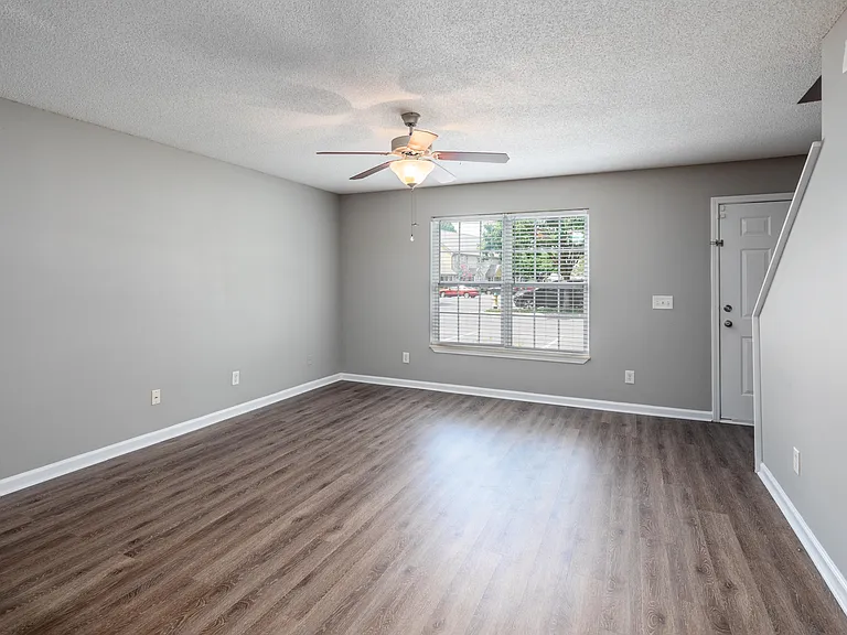 Spacious living room with hardwood-style flooring