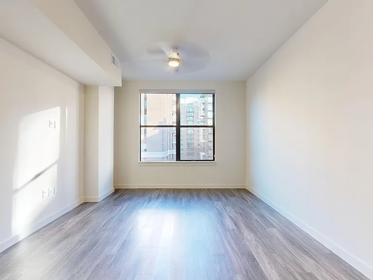 Apartment living room with wood-style flooring.
