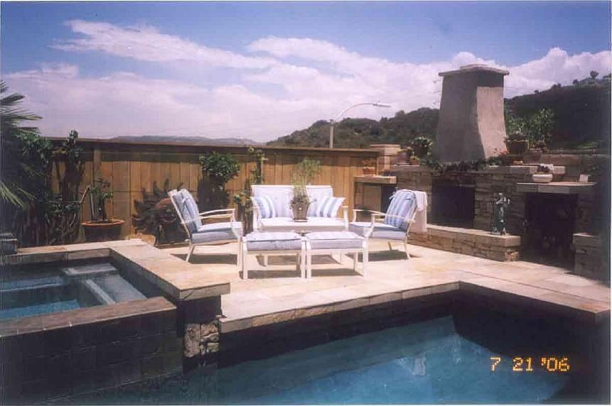 Back patio, fireplace and view