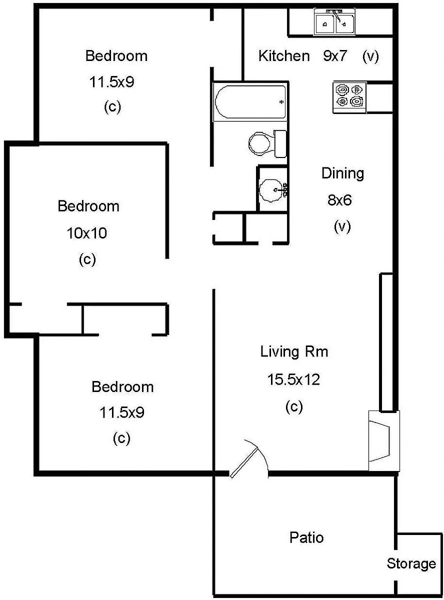 Floor plan 3 bedroom 1 bath
