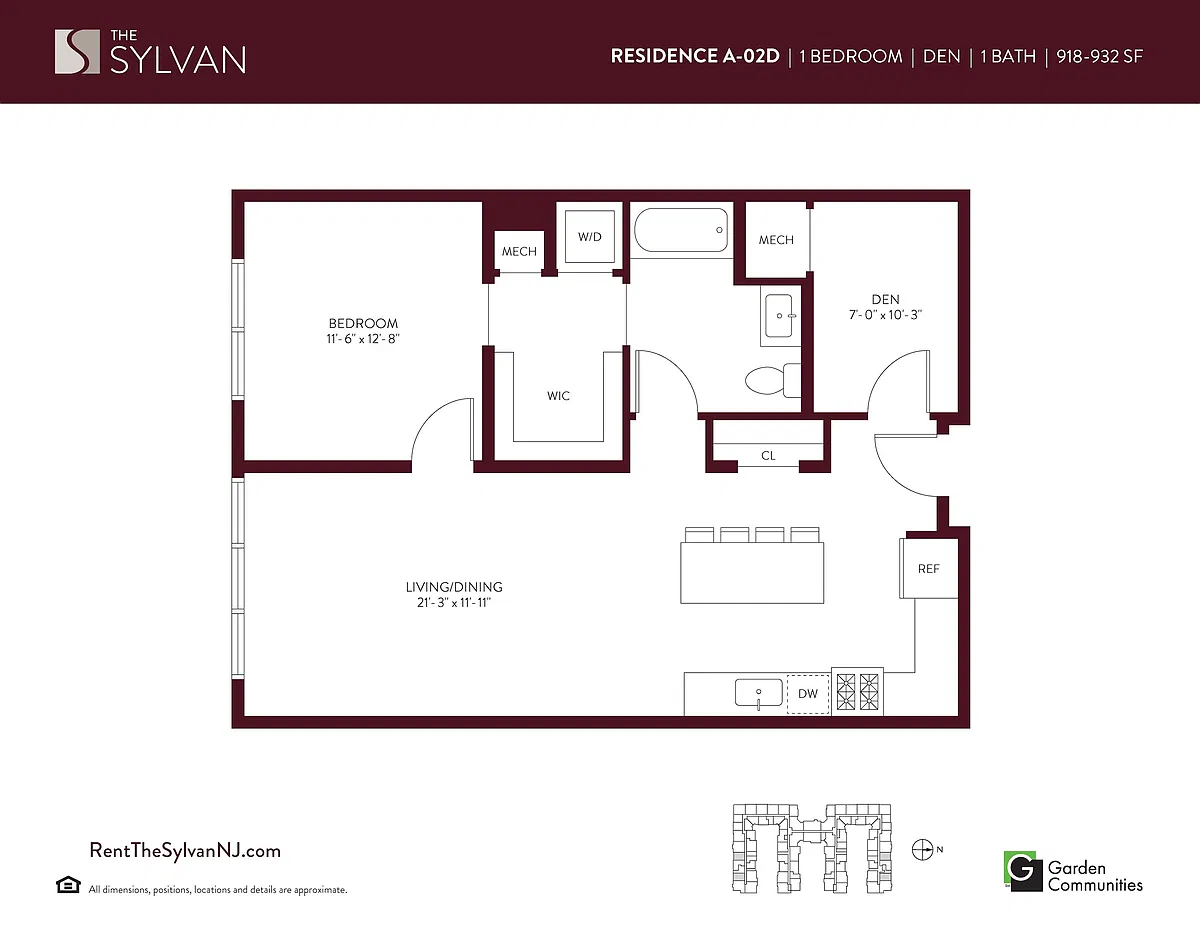 Floor plan One Bedroom Apartment with Den A-02D