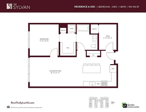 Floor plan One Bedroom Apartment with Den A-02D