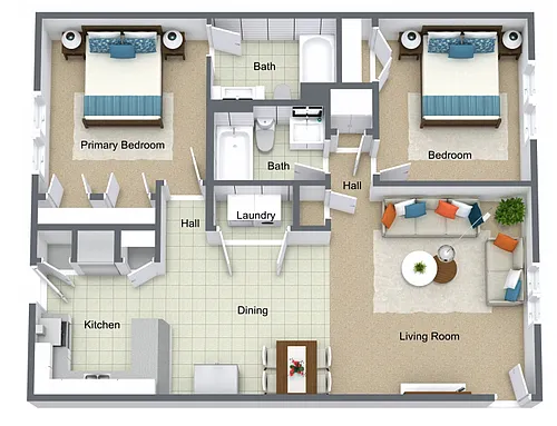 Floor plan Bridge 2x2 Partially Renovated
