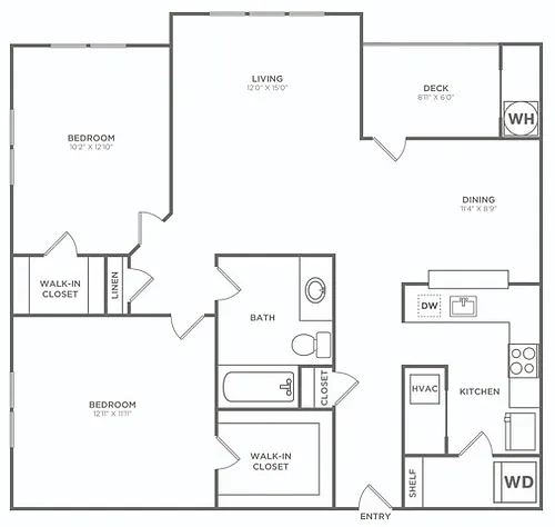 Floor plan Two Bedroom One Bath (942 SF)