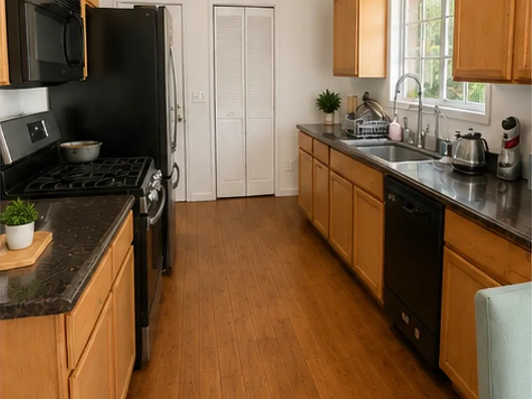 Kitchen with new refrigerator, sink and updated appliances.