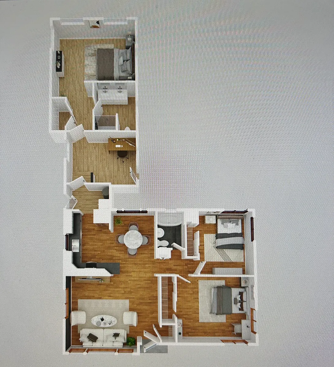 3D floorplan. 2 bedrooms up front w/hall bathroom. Master bed and bath in back. Sunroom + laundry room in between. - 2236 Columbine Ave