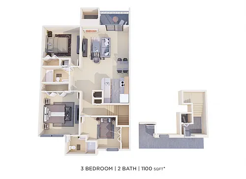 Floor plan Three Bedroom 2 Bath - 1,100 sqft