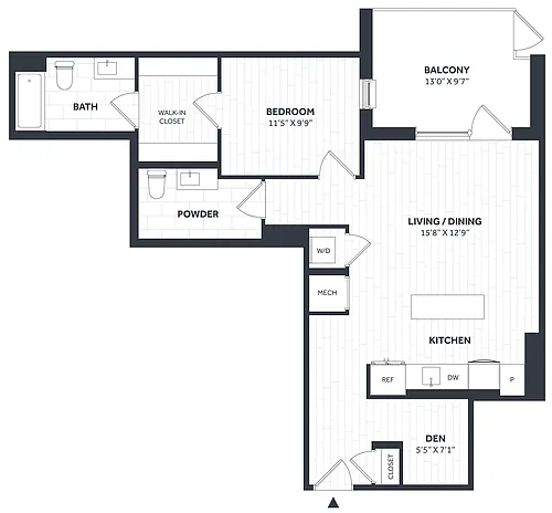 Floor plan 1 Bed/1.5 Bath Den - Stratos - AA07