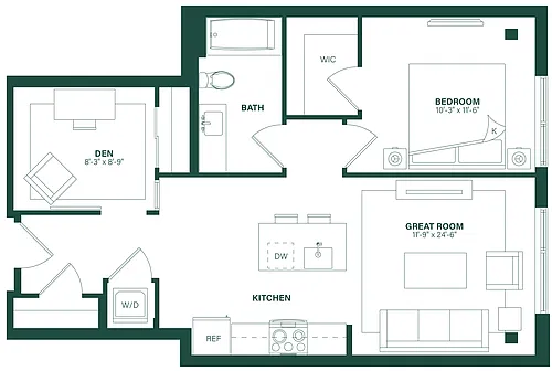 Floor plan 1 Bed/1 Bath Den-1J