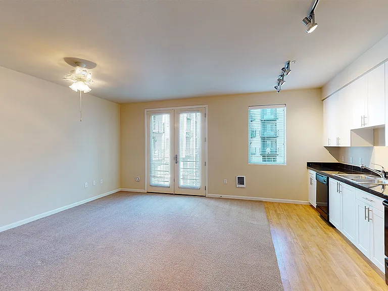 Apartment living room with plush carpet flooring.