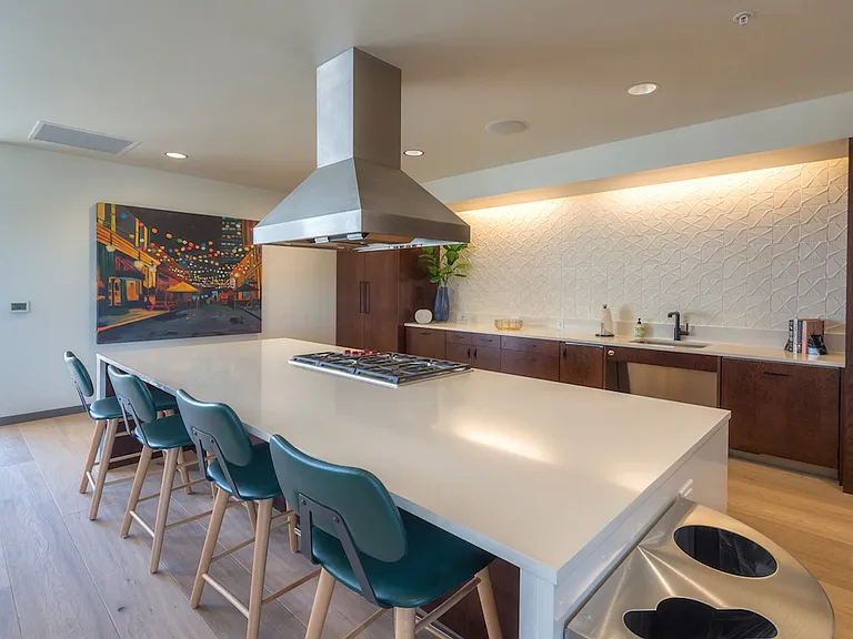 Chef-inspired community kitchen with island seating and modern range.
