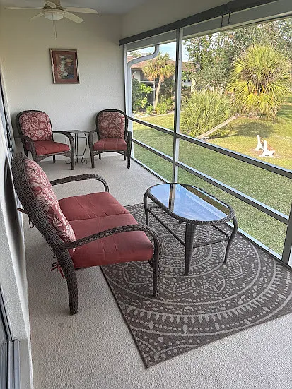 Lanai overlooking pond with fountains