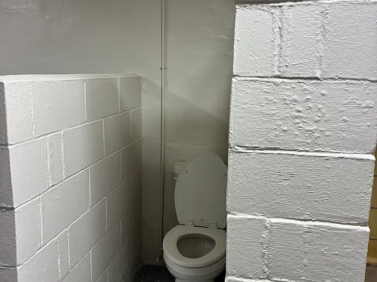 Toilet in laundry mechanical room off kitchen.