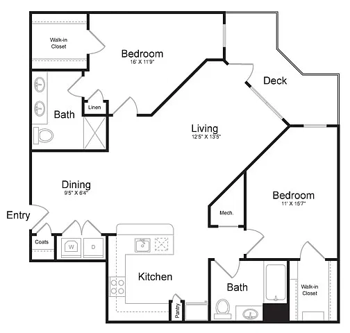 Floor plan Two Bedroom Two Bath (1196 SF)