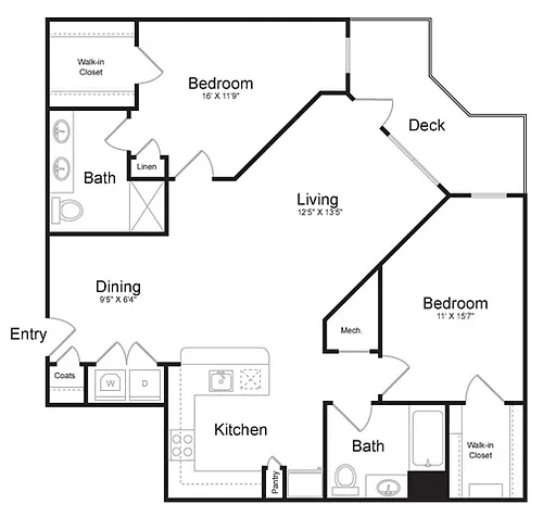 Floor plan Two Bedroom Two Bath (1196 SF)