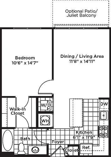 Floor plan 1 Bedroom 1 Bath - A12 Affordable 80%