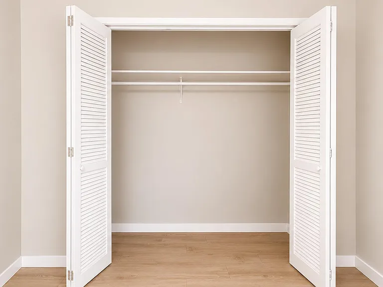 Spacious reach-in closet with bi-fold doors, upper shelf, and hanging rod for organized storage.