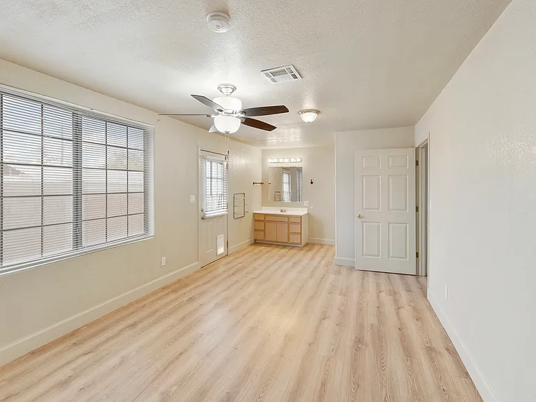 MASTER BEDROOM WITH VANITY AND EXTERIOR ENTRY DOOR TO PRIVATE BACK YARD
