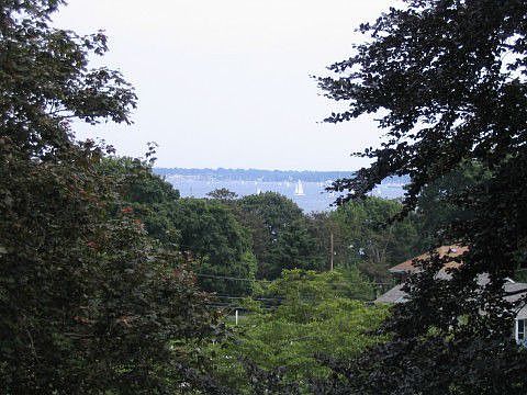 Summertime view toward bay from rooftop accessed via attic hatch.