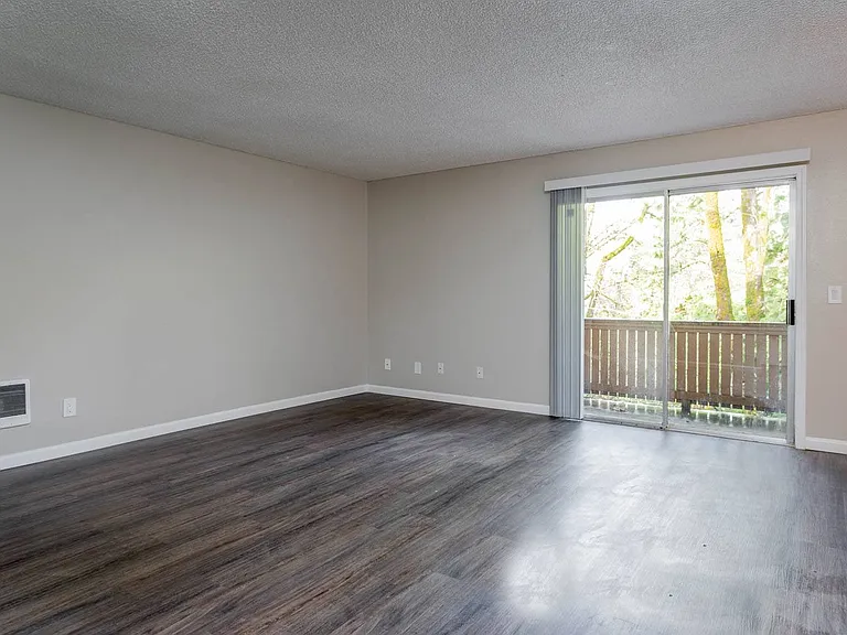 Vantage at Hillsdale | #3 Spacious Living Room, Plank Style Flooring and Entrance to Patio