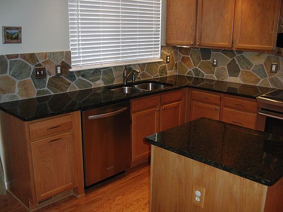 Slate Backsplash, Kitchen Aid Dishwasher, 9" Deep Double Bowl Stainless Sink