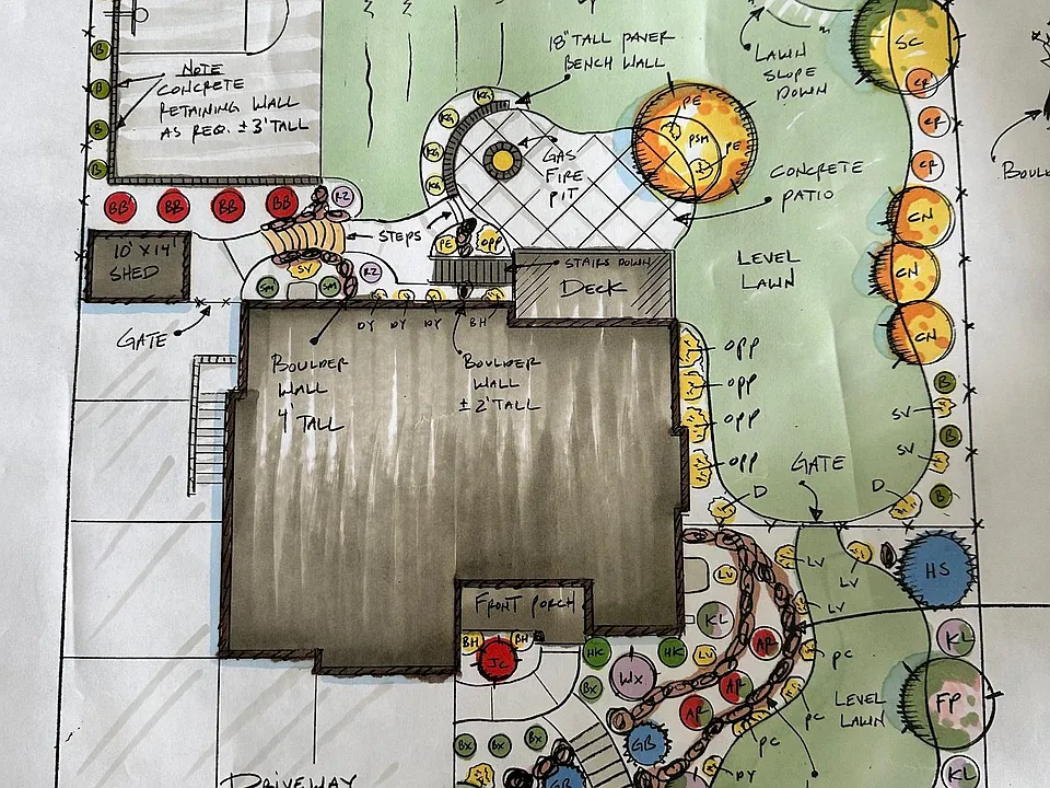 Yard that is being installed this summer. The patio extension, basketball court and fire pit will be completed in June.