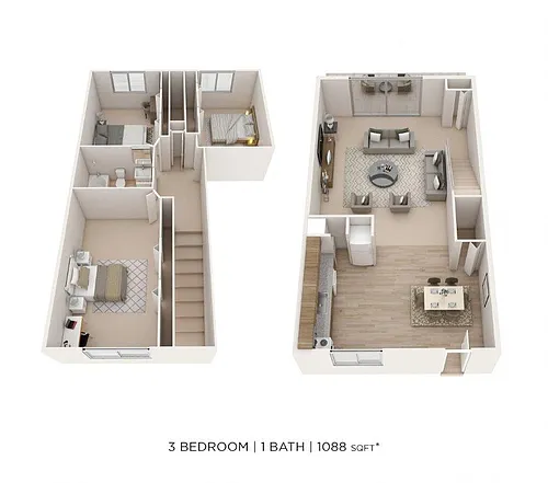 Floor plan Three Bedroom Townhome - 1,088 sqft