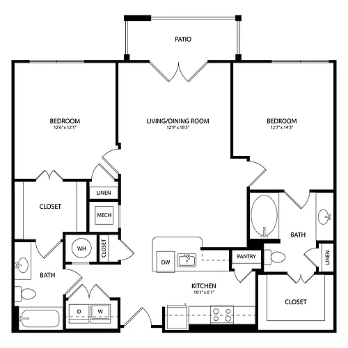 Floor plan 2 Bedroom, 2 Bath 1078 SF KC1.1