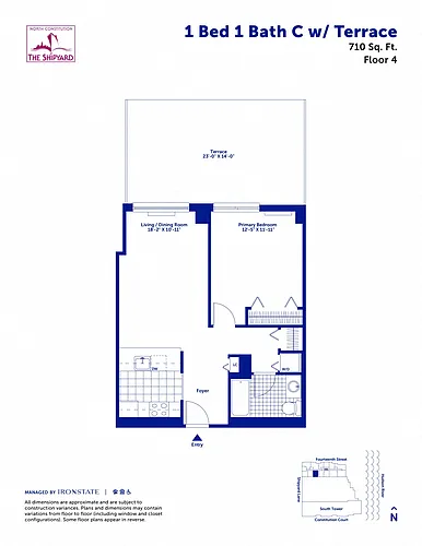 Floor plan 1 Bed 1 Bath C with Terrace