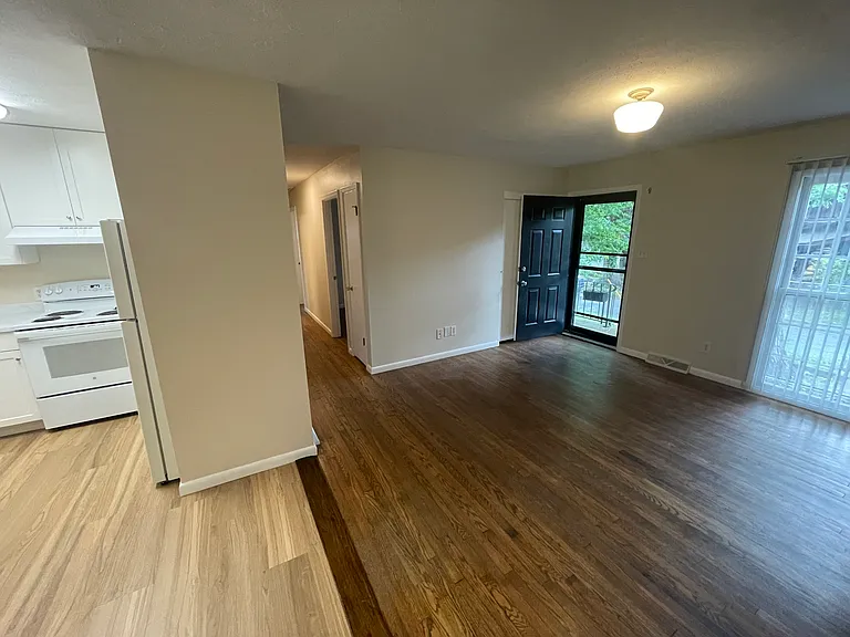 Entry/Living room. Closet behind front door. Hallway to bedrooms