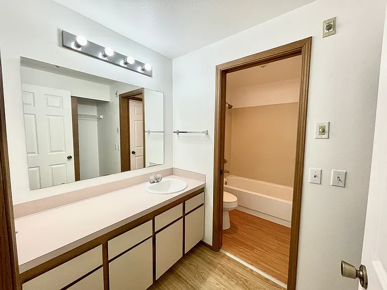 Jack and Jill Style Bathroom with another full size closet and separate tub/shower area with pocket door.