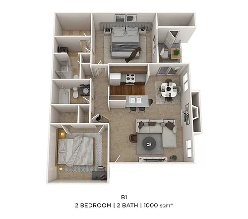 Floor plan Two Bedroom 2 Bath- 1000 sqft