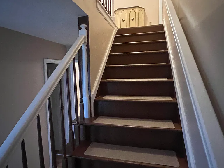 Freshly painted staircase leading upstairs, huge extra closet at the top right of the stairs, small hutch for even more storage