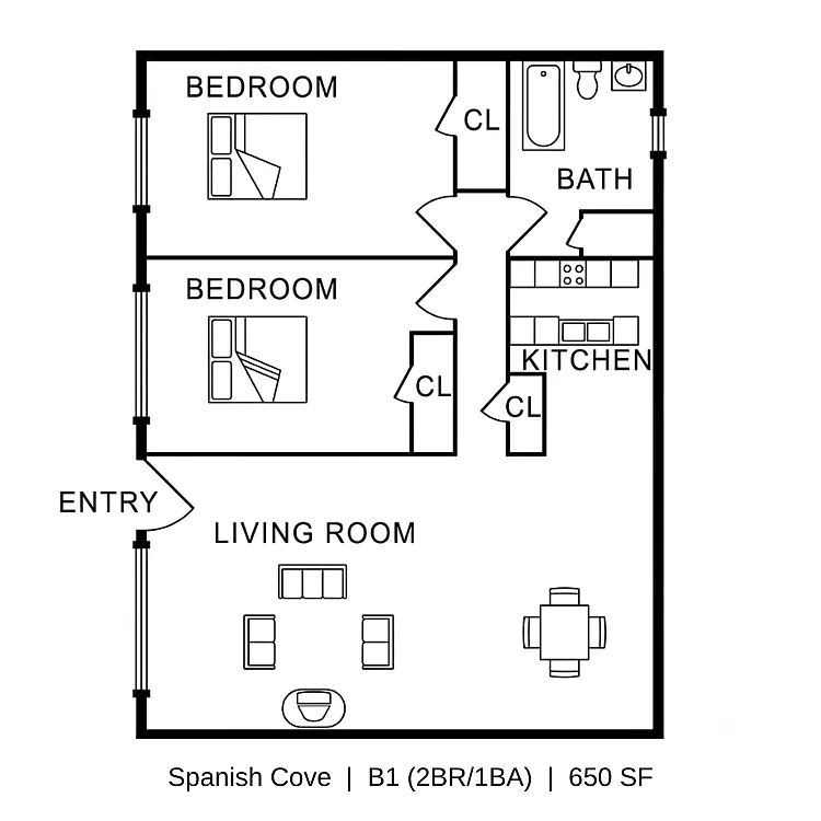 Floor plan 2 Bedroom, 1 Bath