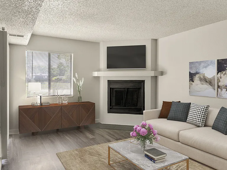 Living Room with Fireplace at Horizon East Apartments