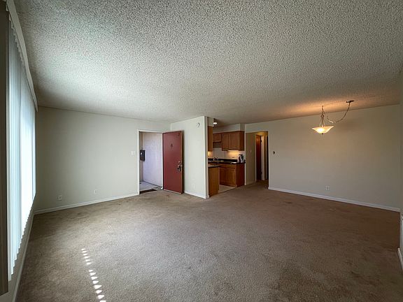 View 2 of the large Living Space with Entry and Kitchen in the background.