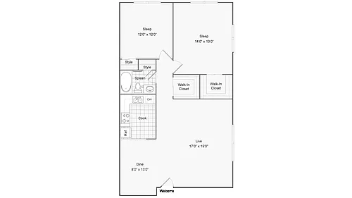 Floor plan 2BR x 1BA - Winthrop - Camden