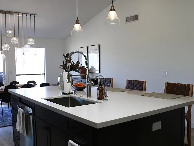 8ft x 5ft island with kitchen sink, dishwasher, and pull out trash and recycle bin
