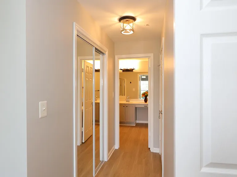 Master bedroom hall to master bath with walkin closet on left and linen closet on right