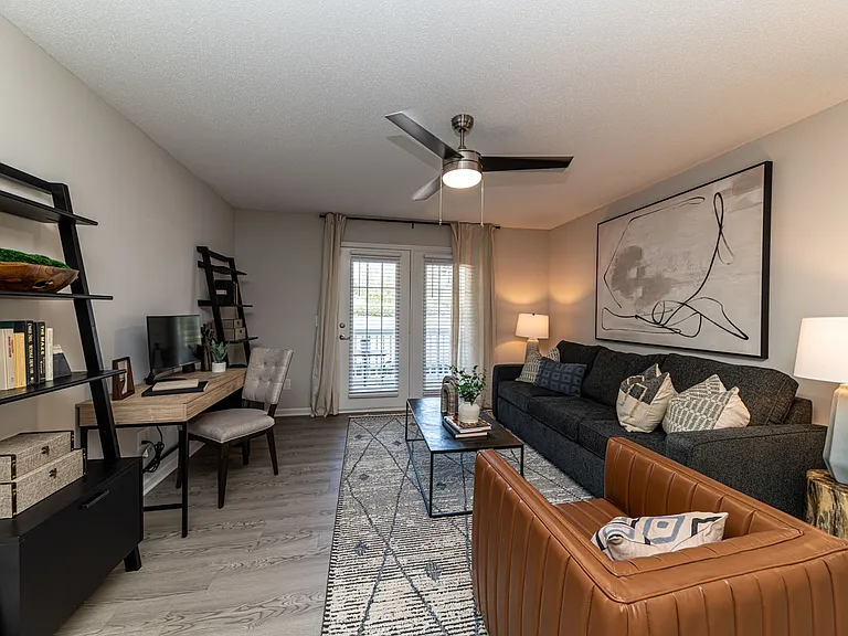 Spacious living room with hardwood-style flooring
