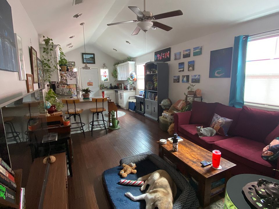 View from living room to kitchen and island/bar