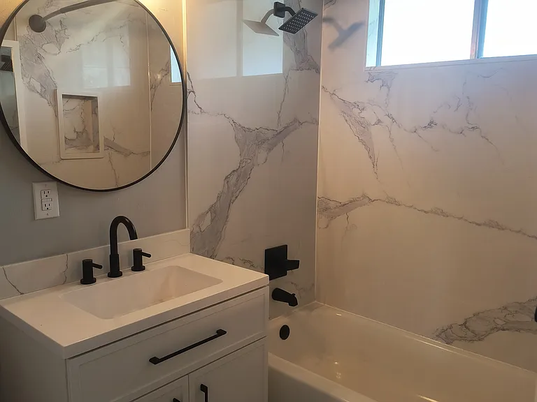 updated bathroom, quartz shower